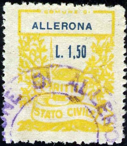 Marca da Bollo del Comune di ALLERONA su Carta Bianca di dimensioni 22 x 27,5 mm