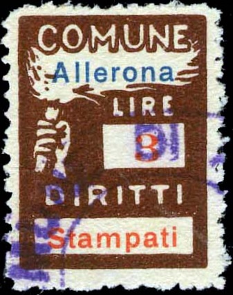 Marca da Bollo del Comune di ALLERONA su Carta Bianca di dimensioni 18,5 x 26 mm