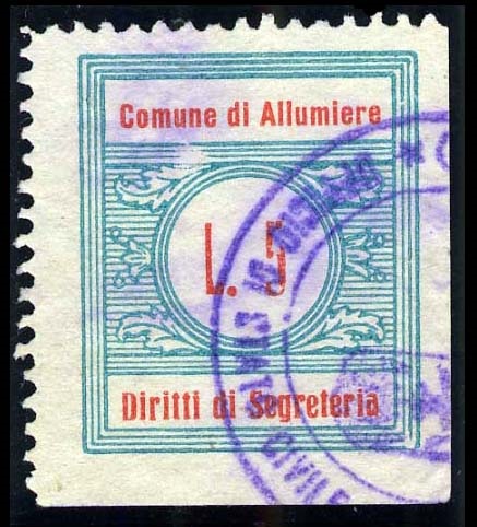 Marca da Bollo del Comune di ALLUMIERE su Carta Bianca di dimensioni 22 x 26 mm