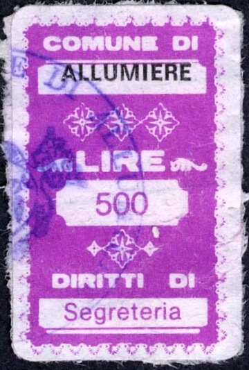 Marca da Bollo del Comune di ALLUMIERE su Carta Bianca di dimensioni 20 x 32 mm