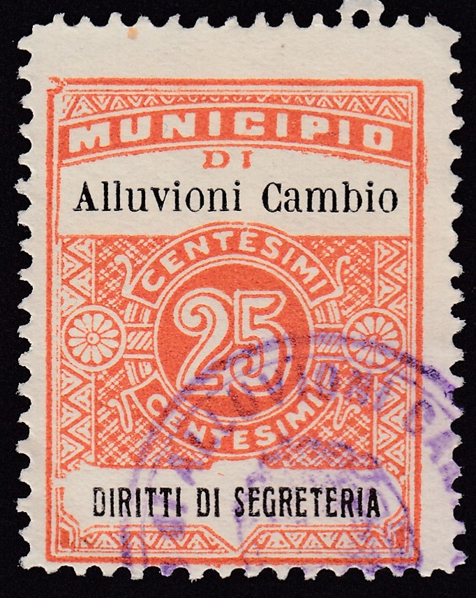 Marca da Bollo del Comune di ALLUVIONI CAMBIO´ su Carta Bianca di dimensioni 22,5 x 29,5 mm