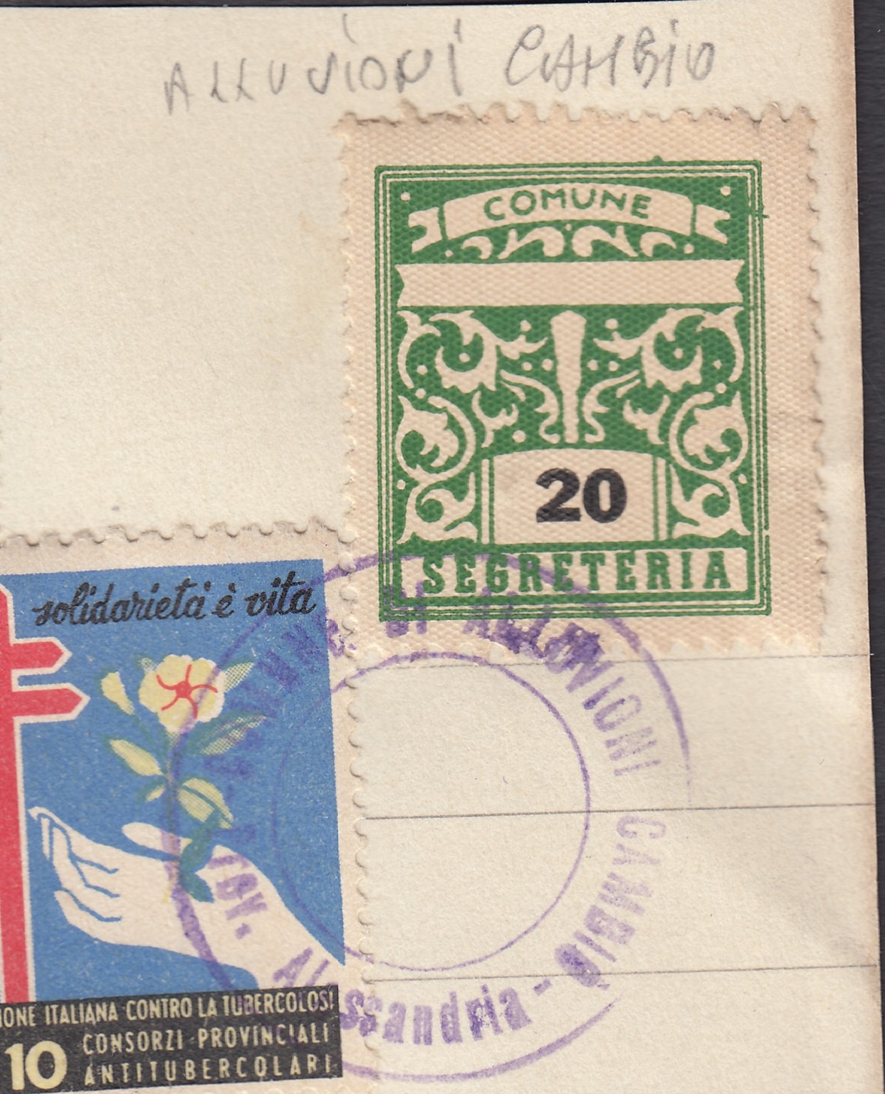 Marca da Bollo del Comune di ALLUVIONI CAMBIO´ su Carta Bianca di dimensioni 18,5 x 25 mm