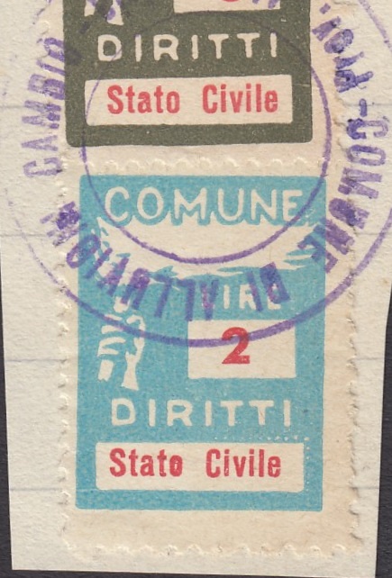 Marca da Bollo del Comune di ALLUVIONI CAMBIO´ su Carta Bianca di dimensioni 18,5 x 25 mm