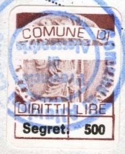 Marca da Bollo del Comune di ALLUVIONI CAMBIO´ su Carta Bianca di dimensioni 20 x 24 mm