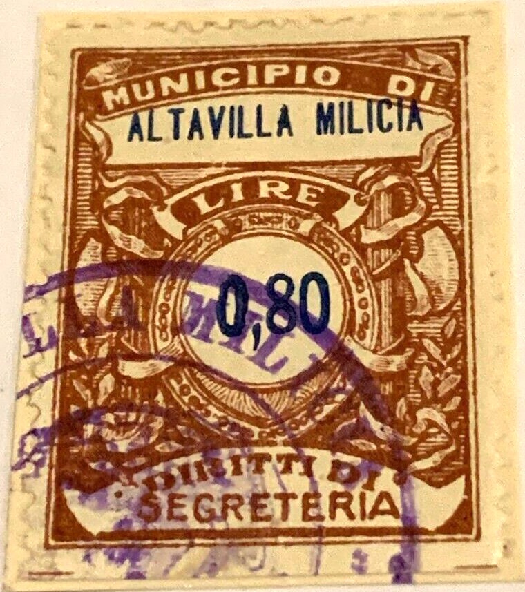 Marca da Bollo del Comune di ALTAVILLA MILICIA su Carta Bianca di dimensioni 23 x 29 mm