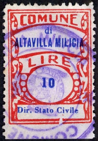 Marca da Bollo del Comune di ALTAVILLA MILICIA su Carta Bianca di dimensioni 22,5 x 29 mm