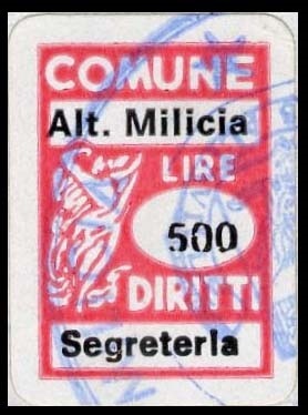 Marca da Bollo del Comune di ALTAVILLA MILICIA su Carta Bianca di dimensioni 14 x 20 mm