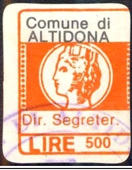 Marca da Bollo del Comune di ALTIDONA su Carta Bianca Sottile di dimensioni 16 x 20 mm