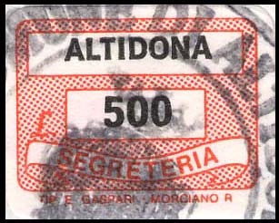 Marca da Bollo del Comune di ALTIDONA su Carta Bianca di dimensioni 19 x 14 mm