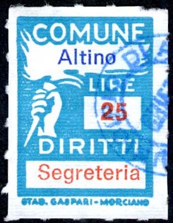 Marca da Bollo del Comune di ALTINO su Carta Bianca Sottile di dimensioni 18 X 25,5 mm