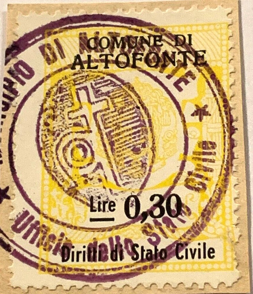 Marca da Bollo del Comune di ALTOFONTE su Carta Bianca Sottile di dimensioni 21 X 27 mm
