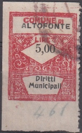 Marca da Bollo del Comune di ALTOFONTE su Carta Bianca Sottile di dimensioni 22,5 X 33 mm