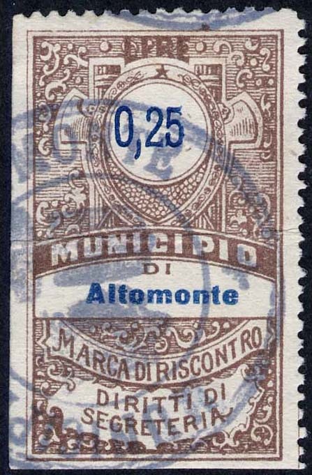 Marca da Bollo del Comune di ALTOMONTE su Carta Bianca di dimensioni 26 x 43,5 mm