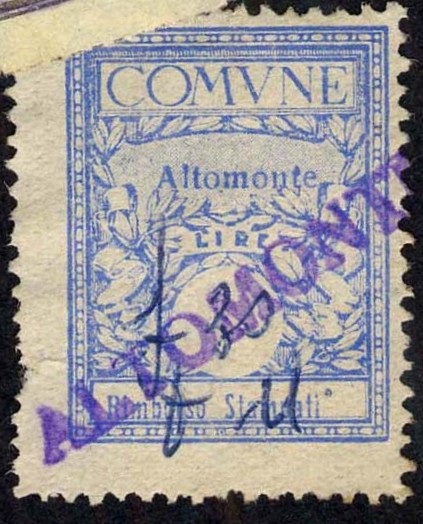 Marca da Bollo del Comune di ALTOMONTE su Carta Bianca di dimensioni 22,5 x 29 mm