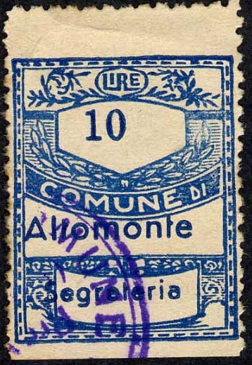Marca da Bollo del Comune di ALTOMONTE su Carta Bianca di dimensioni 21,5 x 28 mm