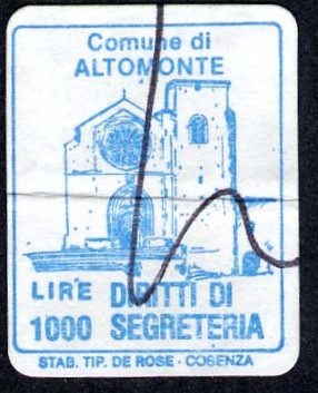 Marca da Bollo del Comune di ALTOMONTE su Carta Bianca di dimensioni 16 x 21 mm