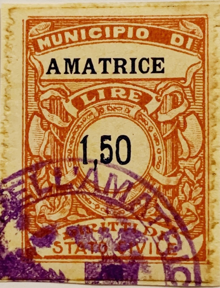 Marca da Bollo del Comune di AMATRICE su Carta Bianca Sottile di dimensioni 22,5 x 29 mm