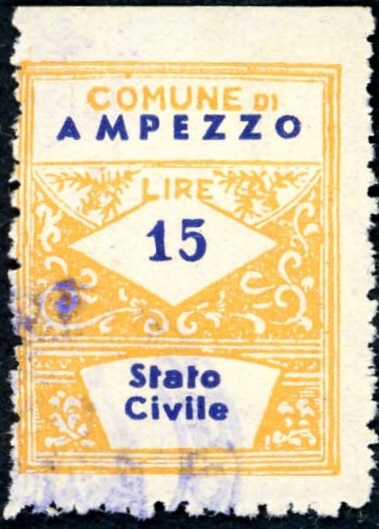 Marca da Bollo del Comune di AMPEZZO su Carta Bianca di dimensioni 22 x 28 mm