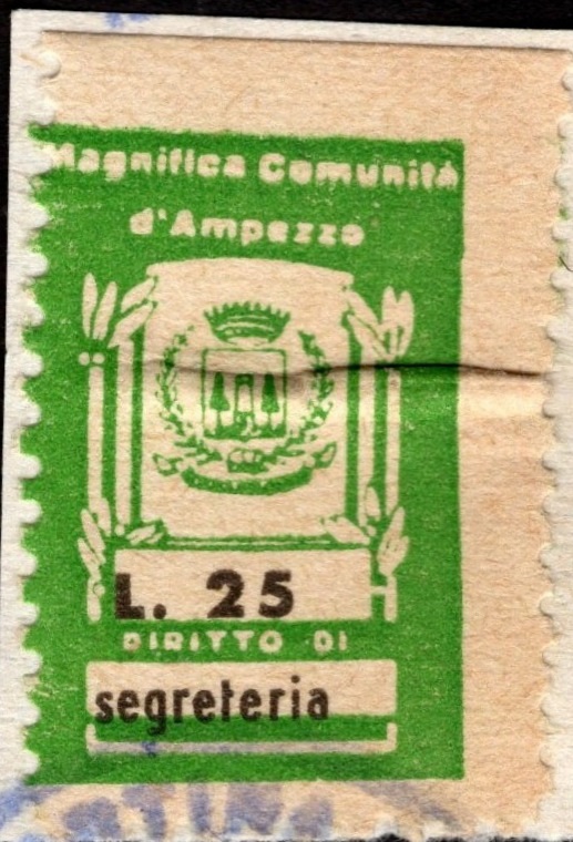 Marca da Bollo del Comune di AMPEZZO su Carta Bianca di dimensioni 22 x 30 mm