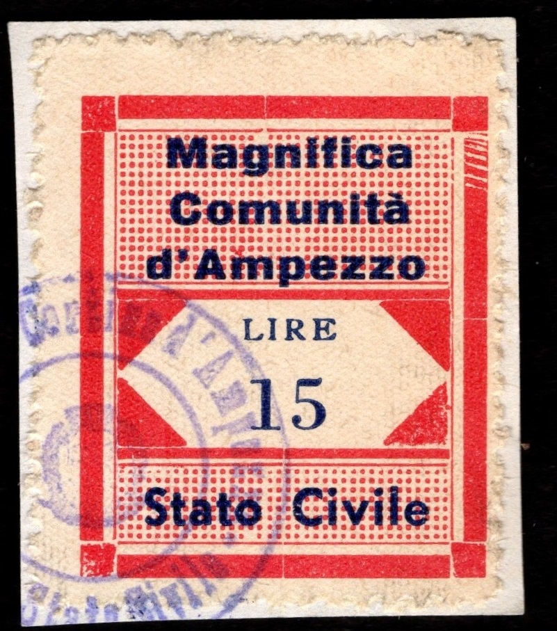 Marca da Bollo del Comune di AMPEZZO su Carta Bianca di dimensioni 22 x 28 mm