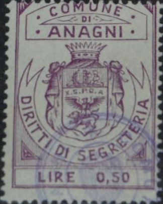 Marca da Bollo del Comune di ANAGNI su Carta Bianca di dimensioni 23 x 29 mm