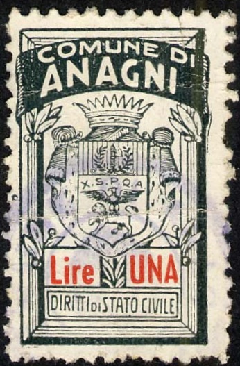 Marca da Bollo del Comune di ANAGNI su Carta Bianca di dimensioni mm