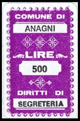 Marca da Bollo del Comune di ANAGNI su Carta Bianca di dimensioni 20 x 31 mm
