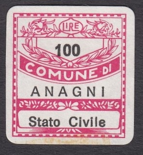 Marca da Bollo del Comune di ANAGNI su Carta Bianca di dimensioni 19 x 21 mm