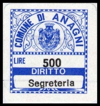 Marca da Bollo del Comune di ANAGNI su Carta Bianca di dimensioni 18,5 x 20 mm