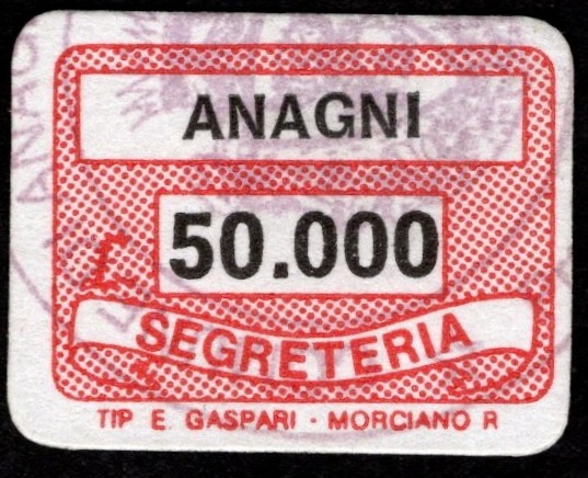 Marca da Bollo del Comune di ANAGNI su Carta Bianca di dimensioni 20 x 14 mm