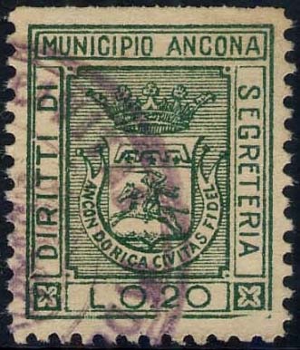 Marca da Bollo del Comune di ANCONA su Carta Bianca Sottile di dimensioni 19,5 x 24 mm
