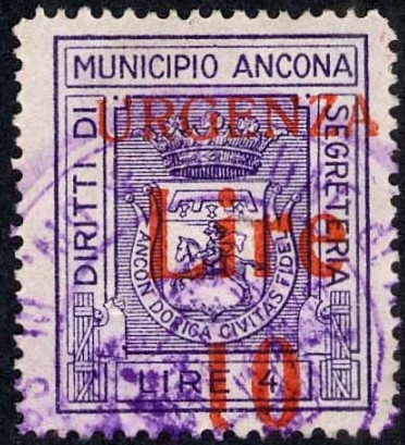 Marca da Bollo del Comune di ANCONA su Carta Bianca Sottile di dimensioni 20 x 24 mm