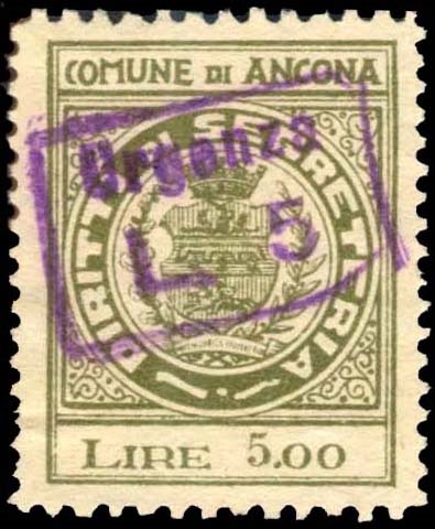Marca da Bollo del Comune di ANCONA su Carta Bianca di dimensioni 22 x 28 mm