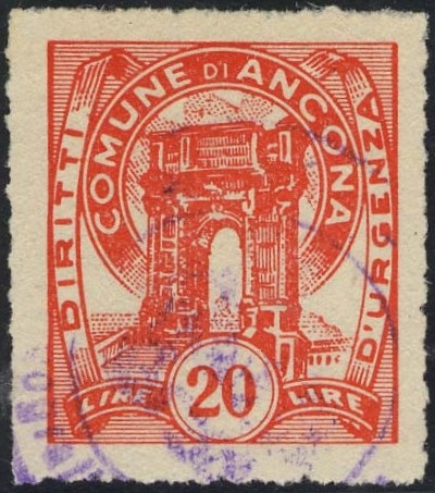 Marca da Bollo del Comune di ANCONA su Carta Bianca Sottile di dimensioni 22 x 26 mm