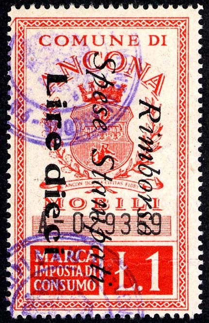 Marca da Bollo del Comune di ANCONA su Carta Bianca di dimensioni 24 x 42 mm