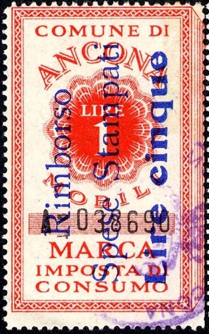 Marca da Bollo del Comune di ANCONA su Carta Bianca di dimensioni 24 x 42 mm