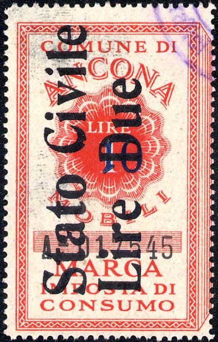 Marca da Bollo del Comune di ANCONA su Carta Bianca di dimensioni 25 x 42 mm