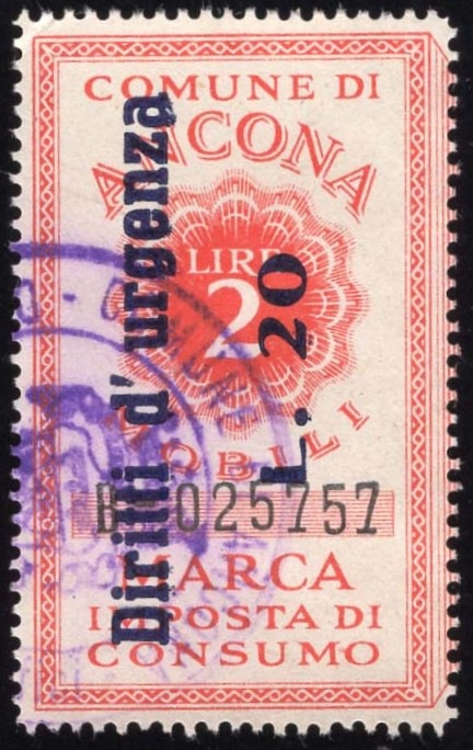 Marca da Bollo del Comune di ANCONA su Carta Bianca di dimensioni 25 x 42 mm