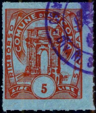 Marca da Bollo del Comune di ANCONA su Carta Colorata di dimensioni 22 x 25 mm