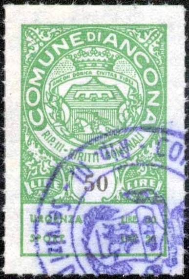 Marca da Bollo del Comune di ANCONA su Carta Bianca di dimensioni 21 X 33,5 mm