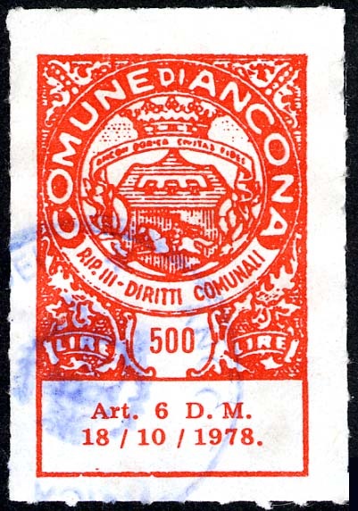 Marca da Bollo del Comune di ANCONA su Carta Bianca di dimensioni 21 X 33,5 mm