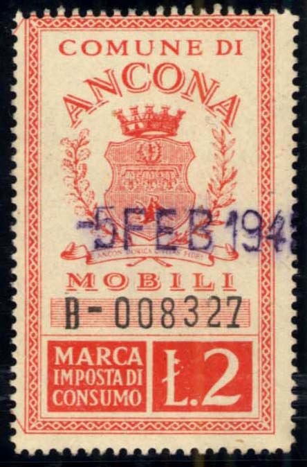 Marca da Bollo del Comune di ANCONA su Carta Bianca di dimensioni 25 x 42 mm