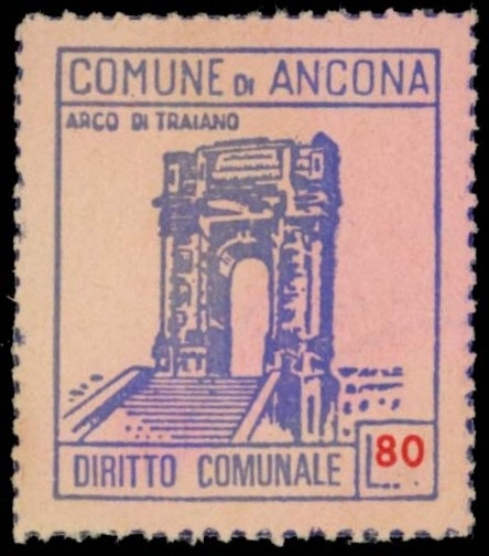 Marca da Bollo del Comune di ANCONA su Carta Colorata di dimensioni 22 x 26 mm
