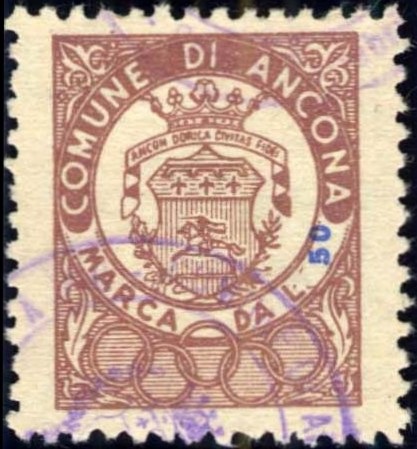 Marca da Bollo del Comune di ANCONA su Carta Bianca di dimensioni 21 x 26 mm