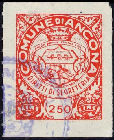 Marca da Bollo del Comune di ANCONA su Carta Bianca di dimensioni 20,5 x 25,5 mm