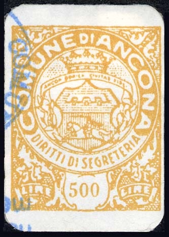 Marca da Bollo del Comune di ANCONA su Carta Bianca di dimensioni 18,5 x 24 mm