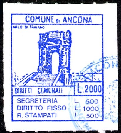 Marca da Bollo del Comune di ANCONA su Carta Bianca di dimensioni 21,5 x 26 mm