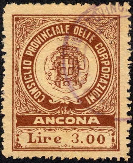 Marca da Bollo del Comune di ANCONA su Carta Bianca Sottile di dimensioni 23,5 X 30,5 mm