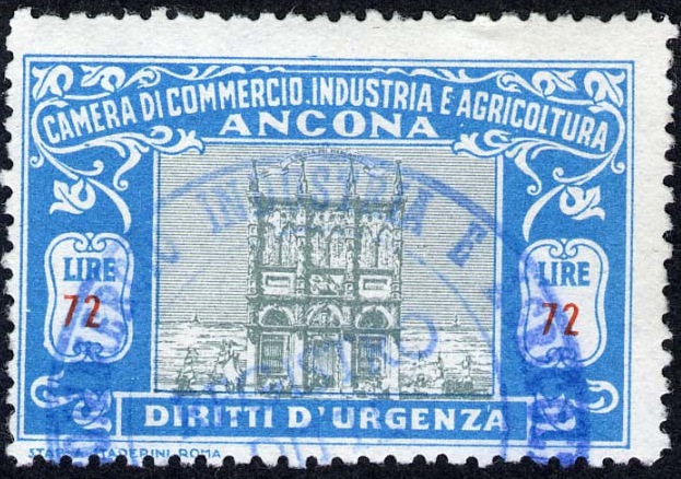 Marca da Bollo del Comune di ANCONA su Carta Bianca Sottile di dimensioni 39,5 x 25 mm