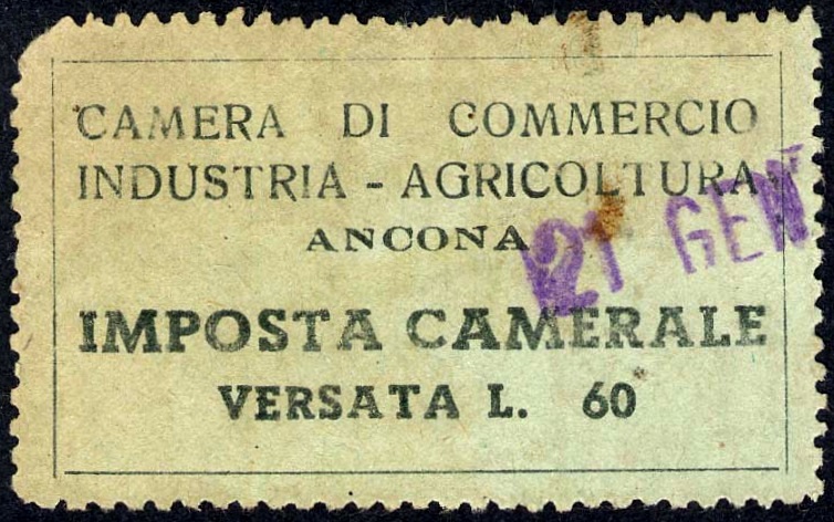 Marca da Bollo del Comune di ANCONA su Carta Colorata di dimensioni 46 x 26 mm